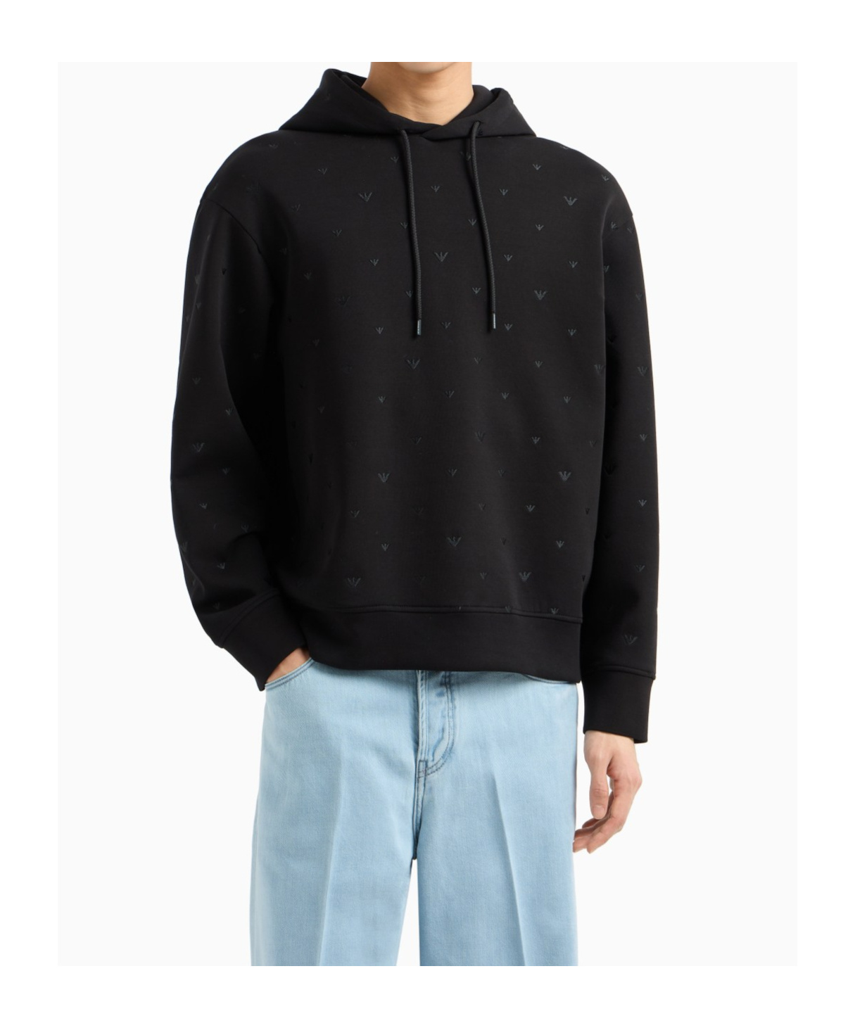 Emporio Armani Double-jersey Hooded Sweatshirt With All-over Micro Eagle Embroidery In Black