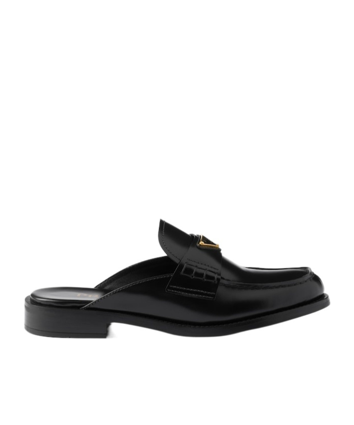 Prada Leather Logo Loafer Mules In Black
