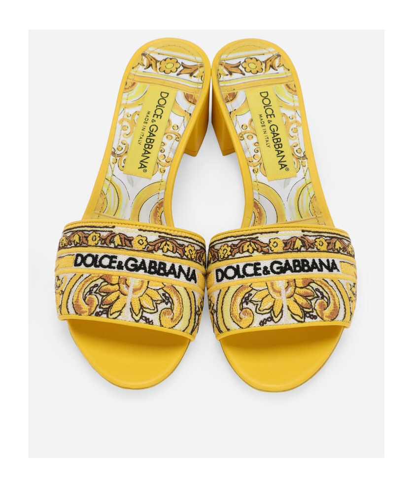 Dolce & Gabbana Karol Embroidered Block-heel Slide Sandals In Yellow