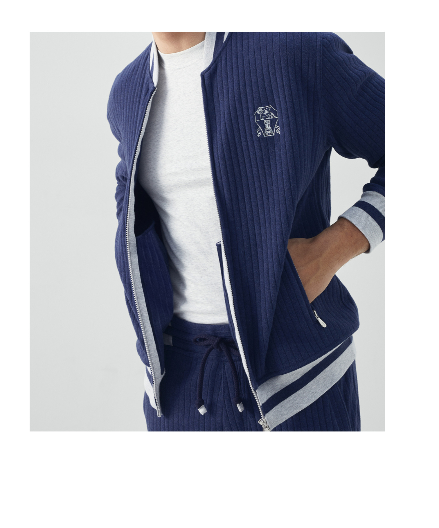 Brunello Cucinelli Logo-embroidered Ribbed Zip-up Sweatshirt In Blue