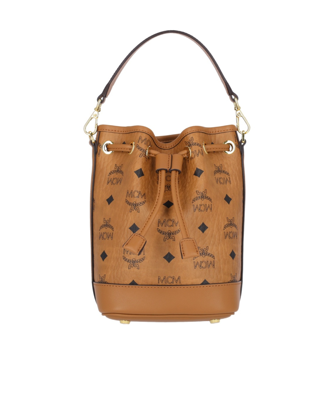 Mcm Monogram Printed Drawstring Top Handle Bag In Brown