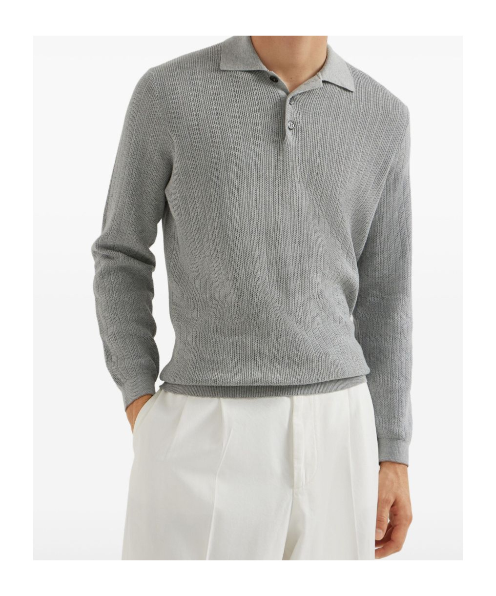 Brunello Cucinelli Knitted Cotton Polo Long Sleeves In Gray