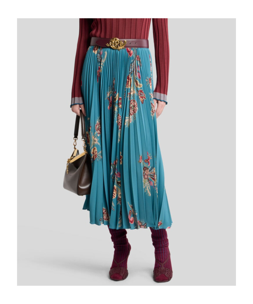Etro Pleated Floral-print Midi Skirt In Blue