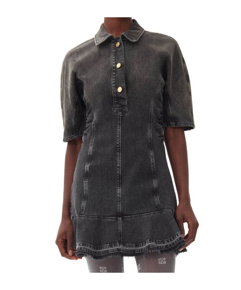 Ganni Ruched Side Fitted Dress With Short Sleeves In Black