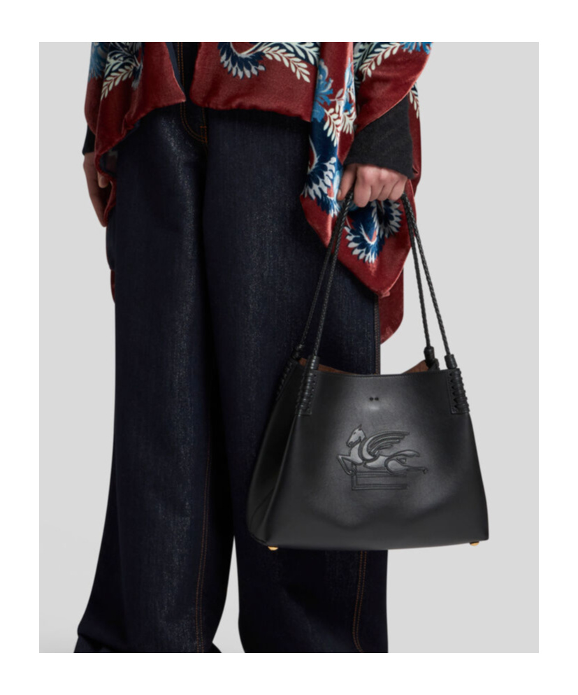 Etro 'libra' Black Shopper With Tone On Tone Pegaso Motif In Black
