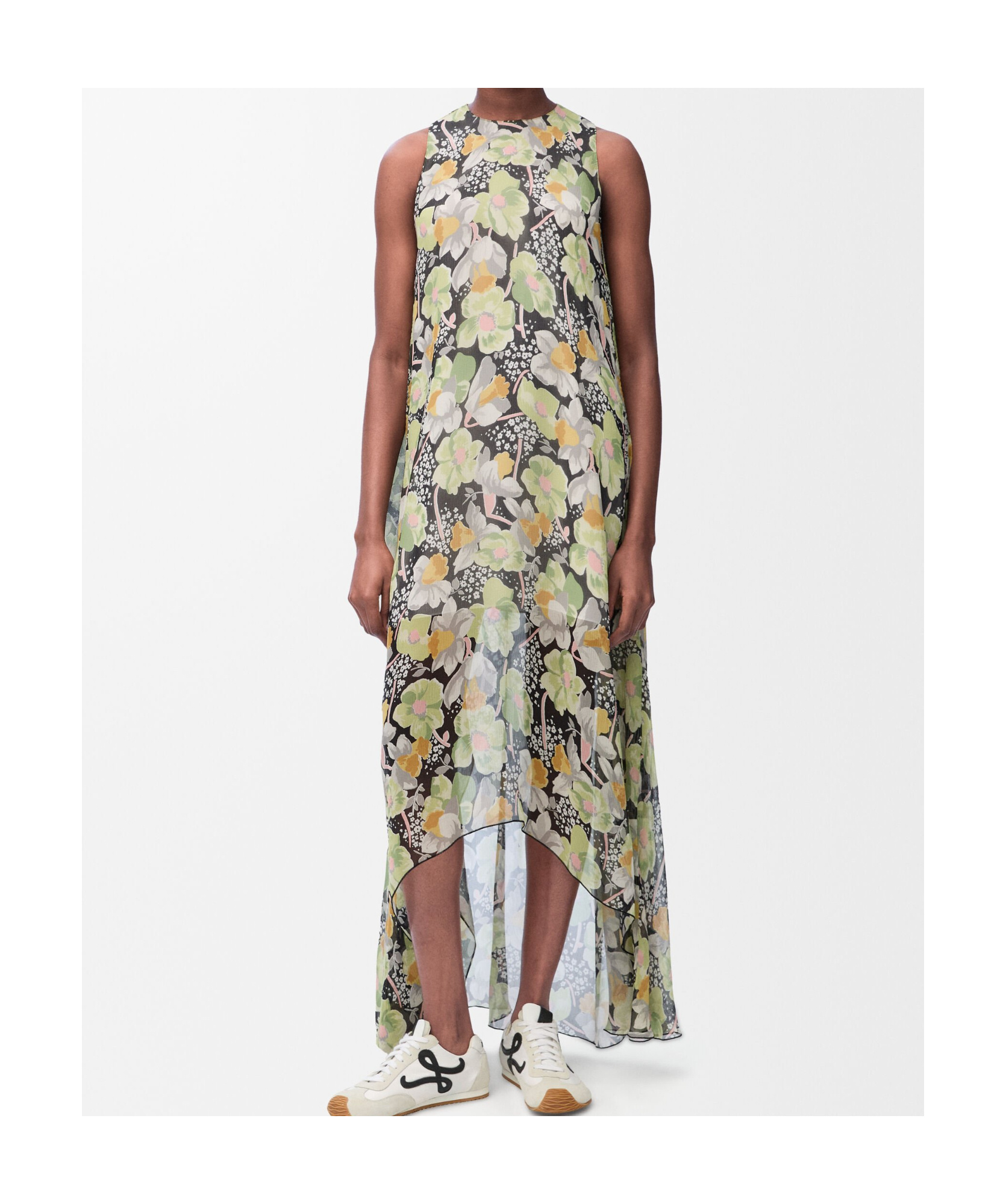 Loewe Floral Print Hoop Skirt Maxi Chiffon Silk Dress In Gray