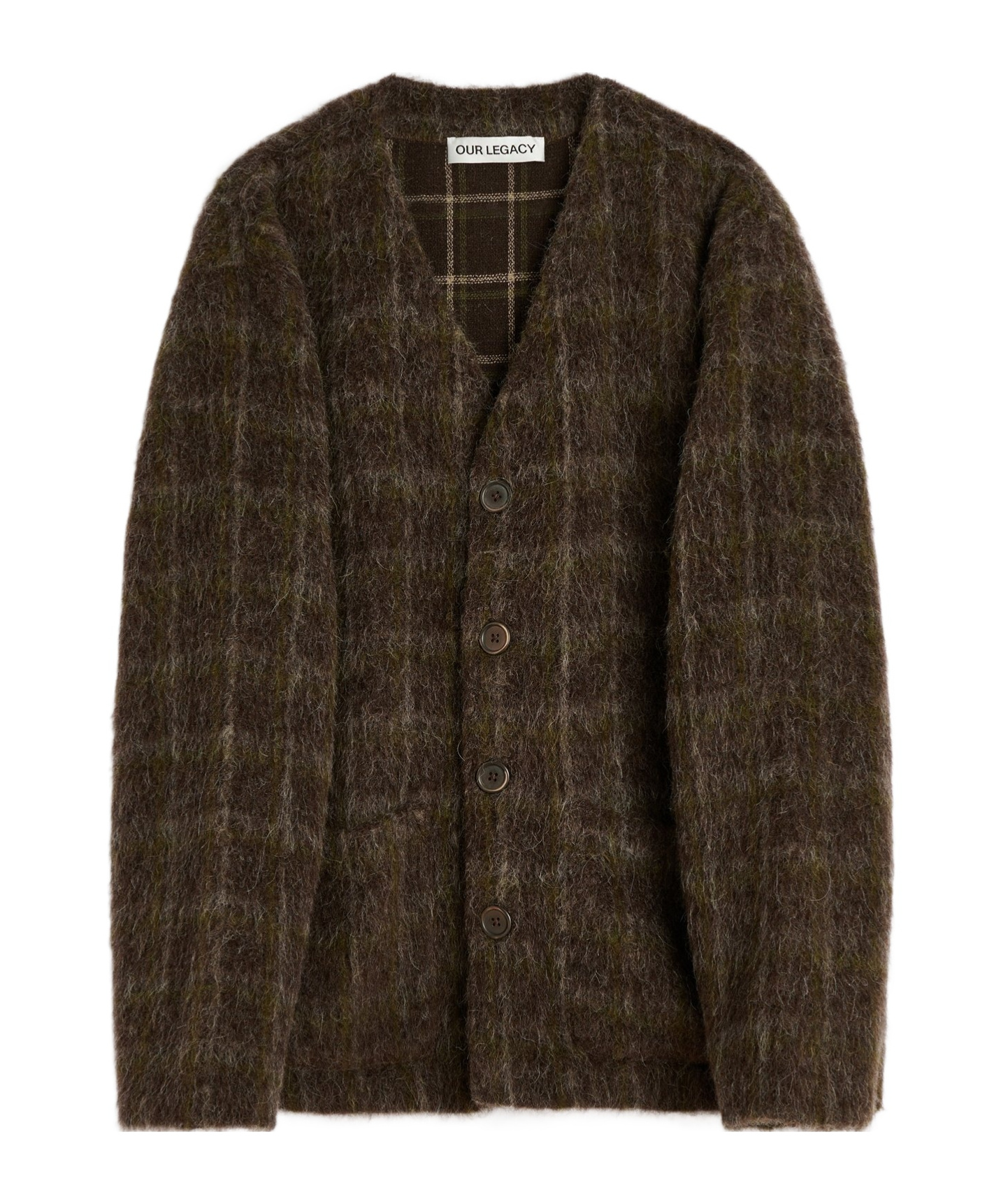 Our Legacy Embroidered Wool Blend V-neck Cardigan With Front Pockets In Brown