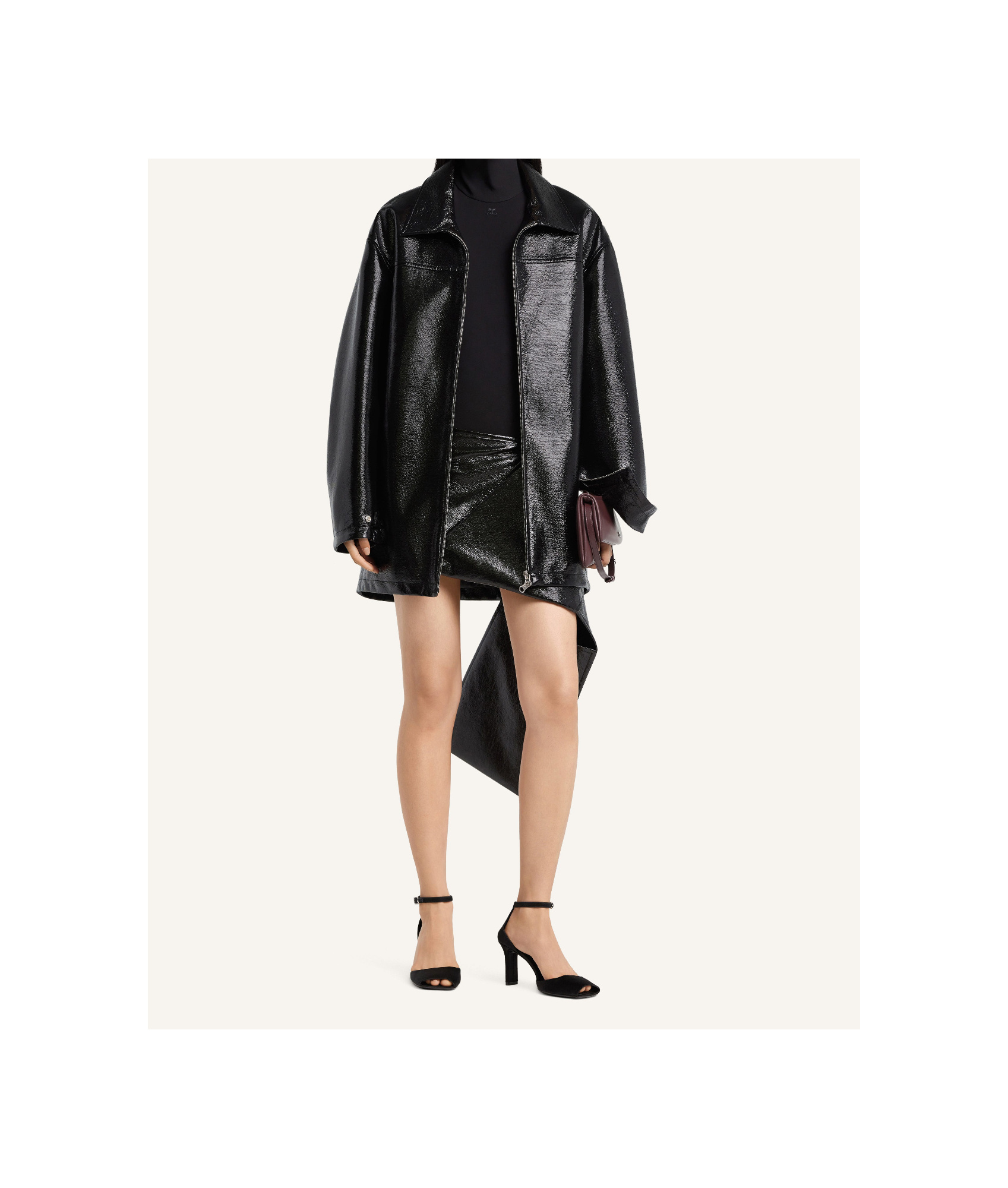 Courrèges Long Vinyl Bomber Jacket With Belted Waist In Black