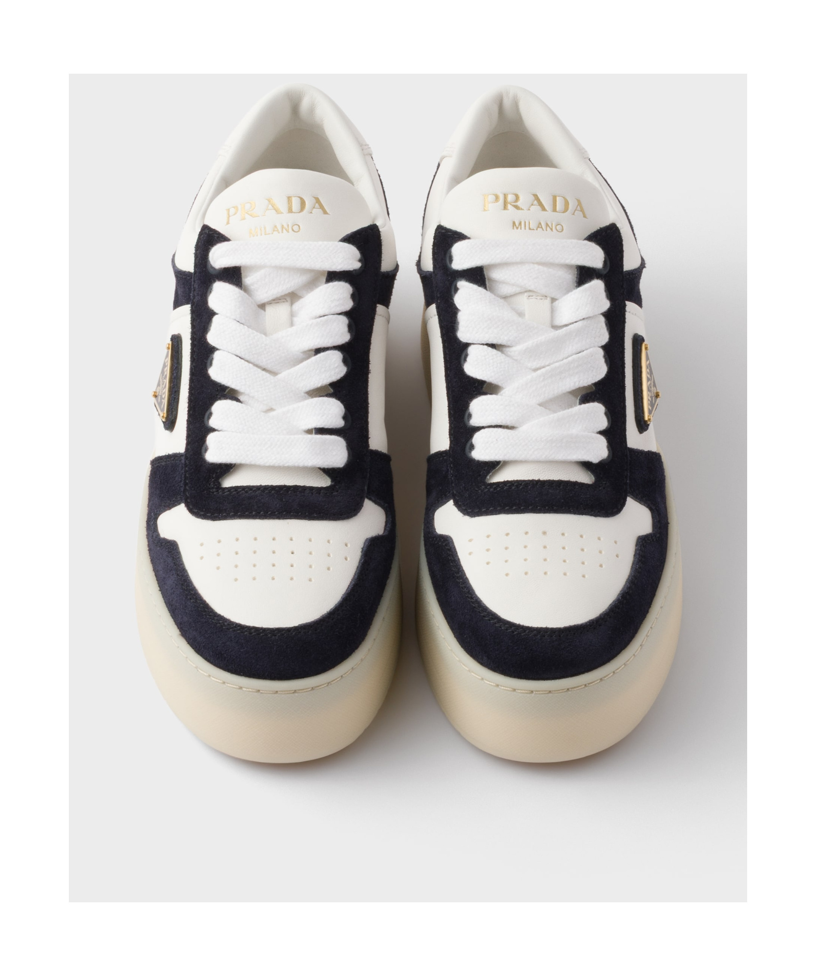 Shop Prada Downtown Bold Nappa Leather And Suede Sneakers In White/blue