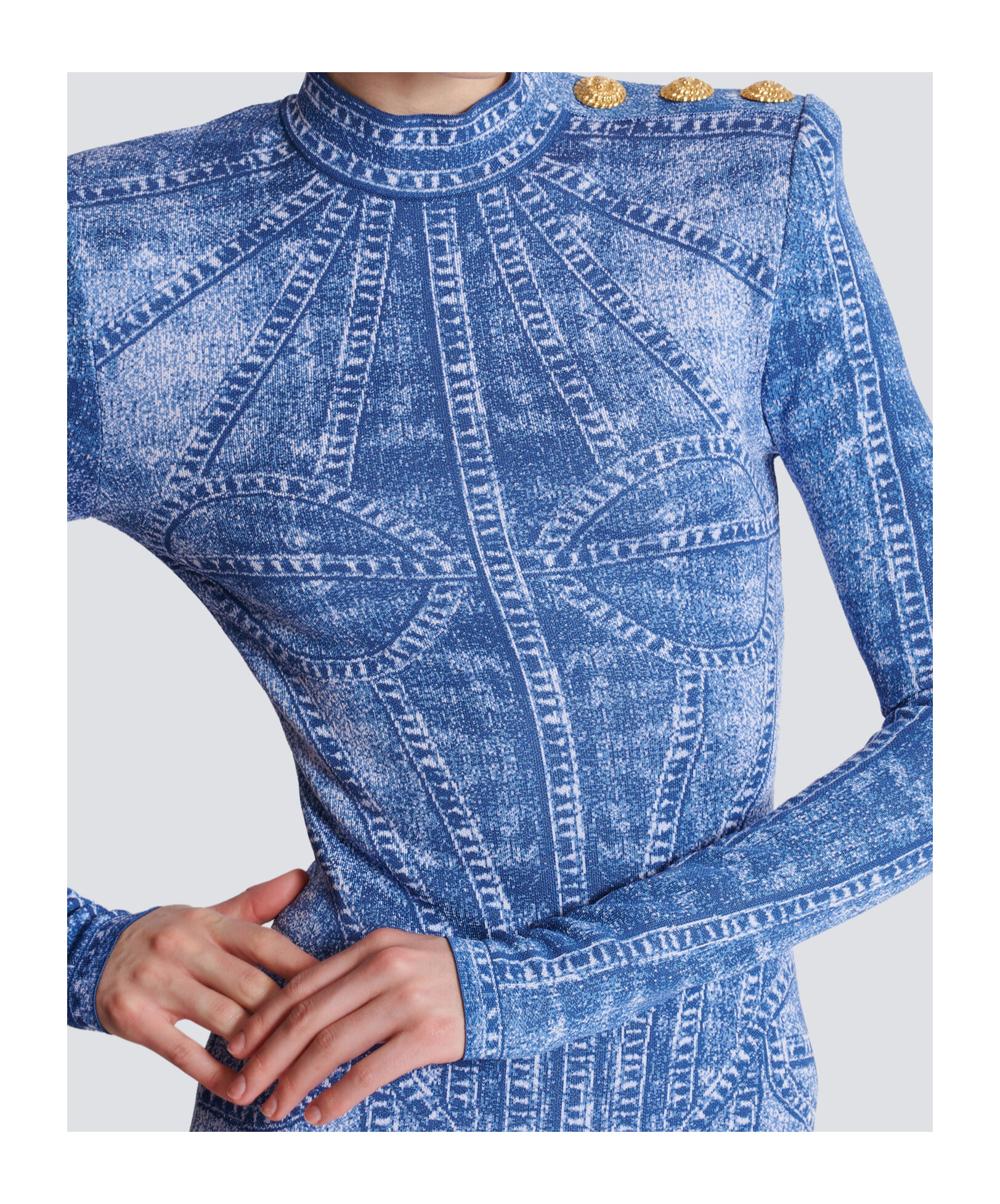 Shop Balmain Short Jacquard Knit Dress With Denim Effect In Blue