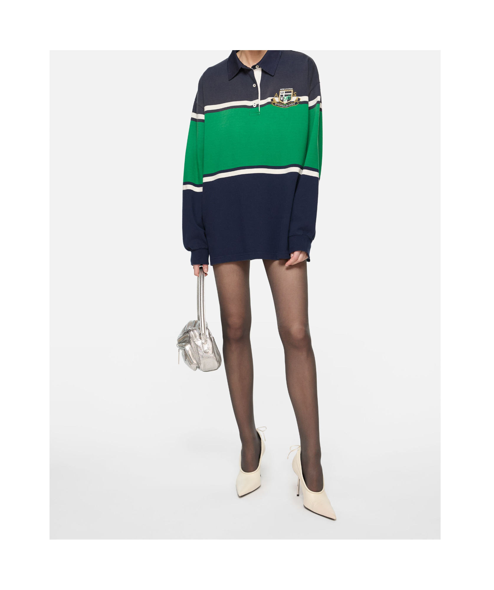 Acne Studios Womens Navy Green Stripe-print Brand-embroidered Cotton-jersey Polo Sweatshirt Dress In Multi