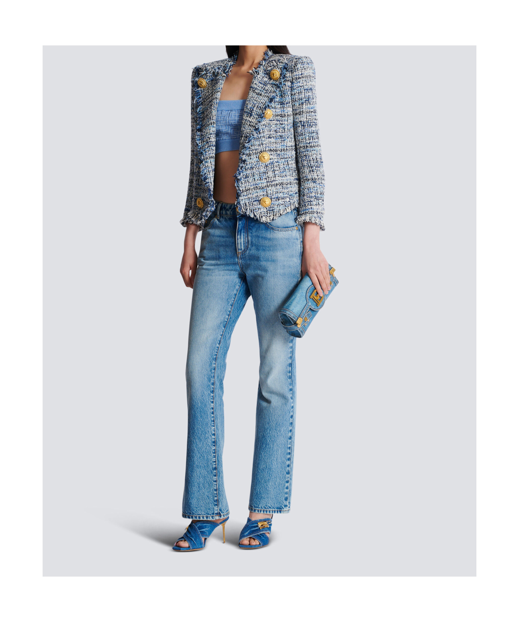 Balmain Spencer Button-embellished Frayed Cotton-blend Tweed Blazer In Gray
