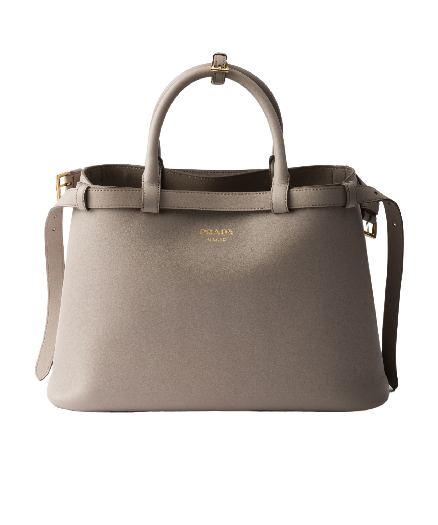 Prada Buckle Medium Leather Handbag With Double Belt In Gray
