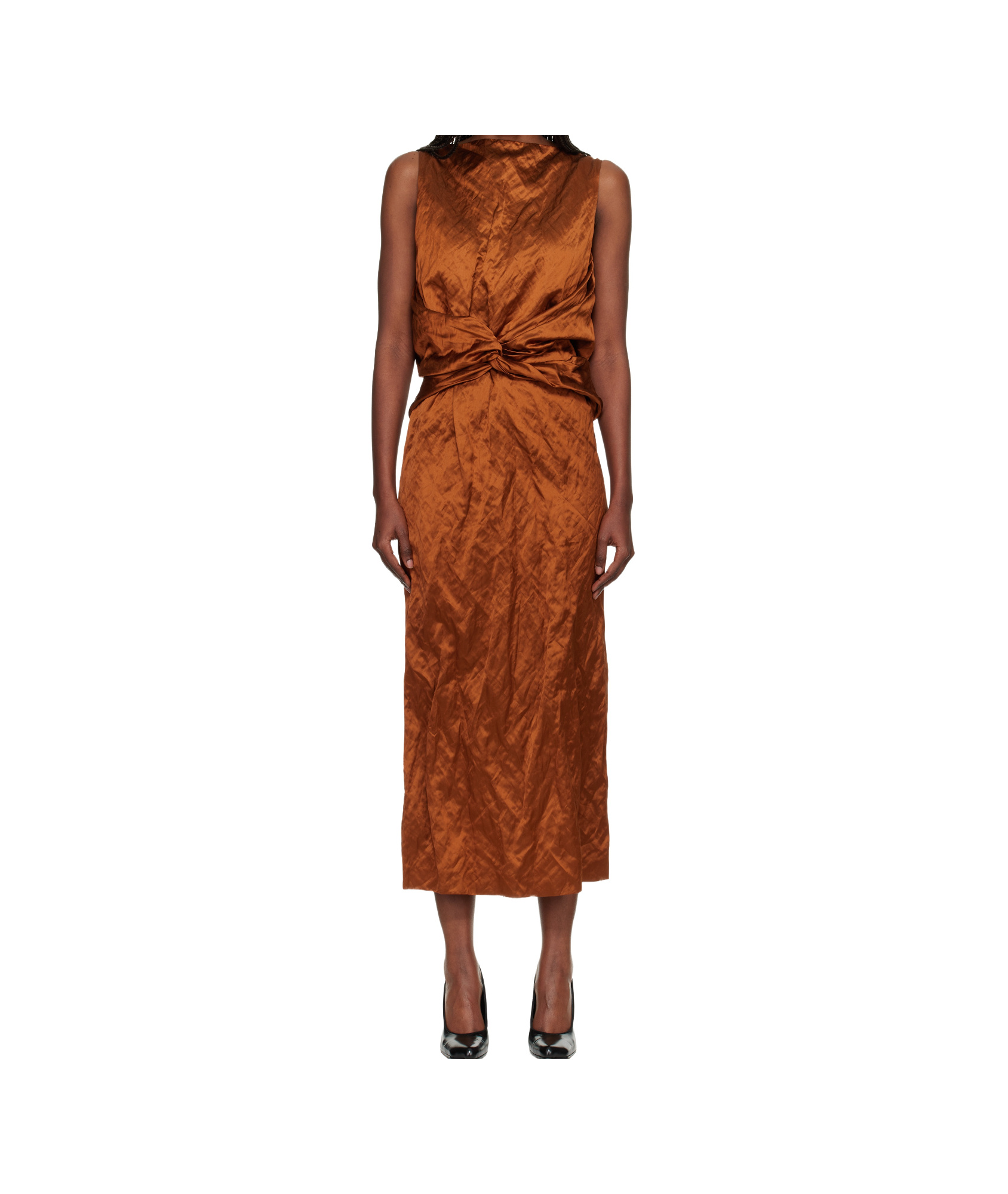 Lanvin Sleeveless Twisted Crinkle Satin Midi Dress In Brown