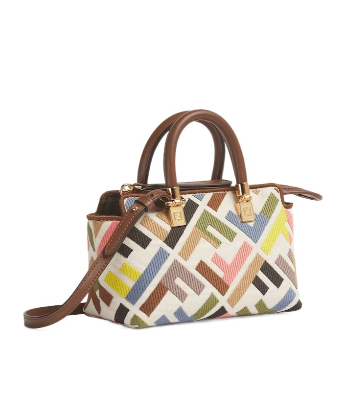 Fendi Mini Handbag Geometric Pattern Top Handle Gold-tone Hardware In Nude