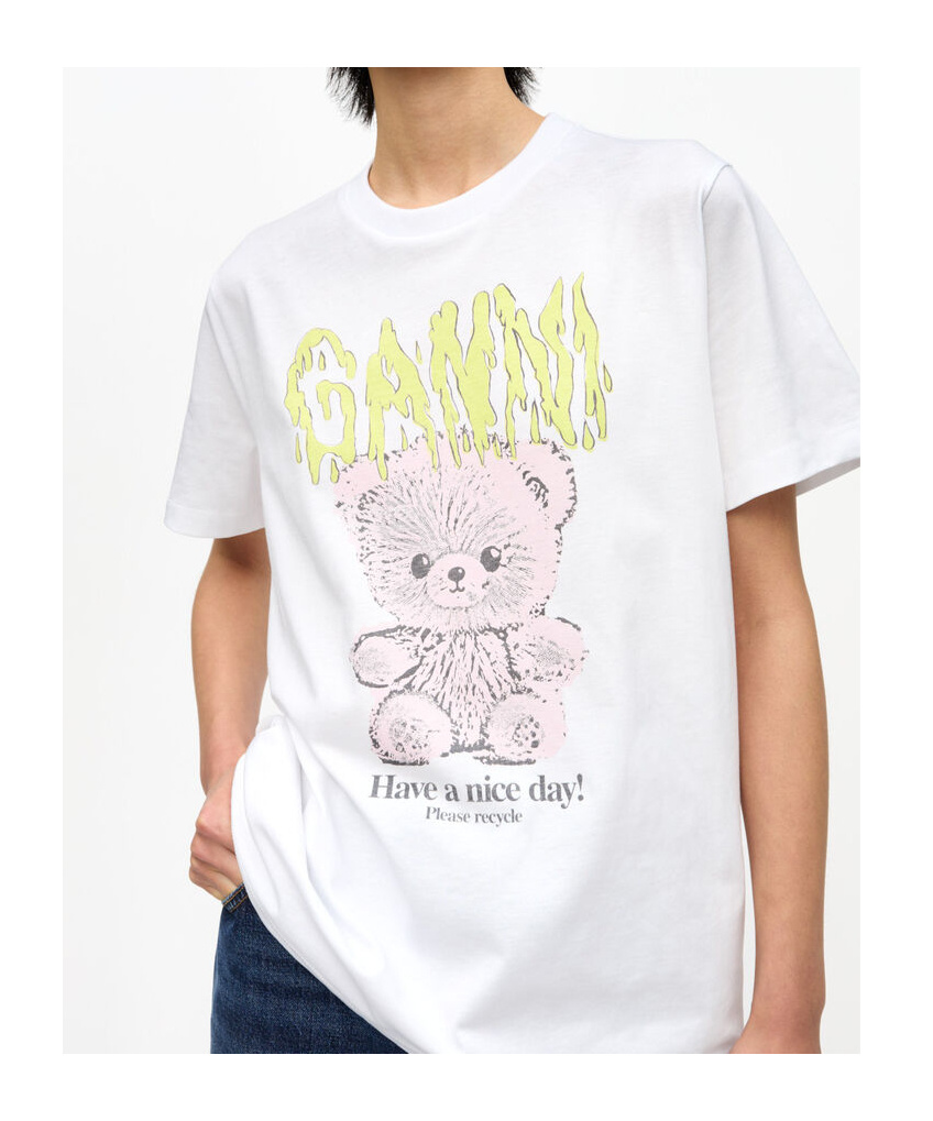 Ganni Basic Cotton Jersey Teddy Relaxed T-shirt In White