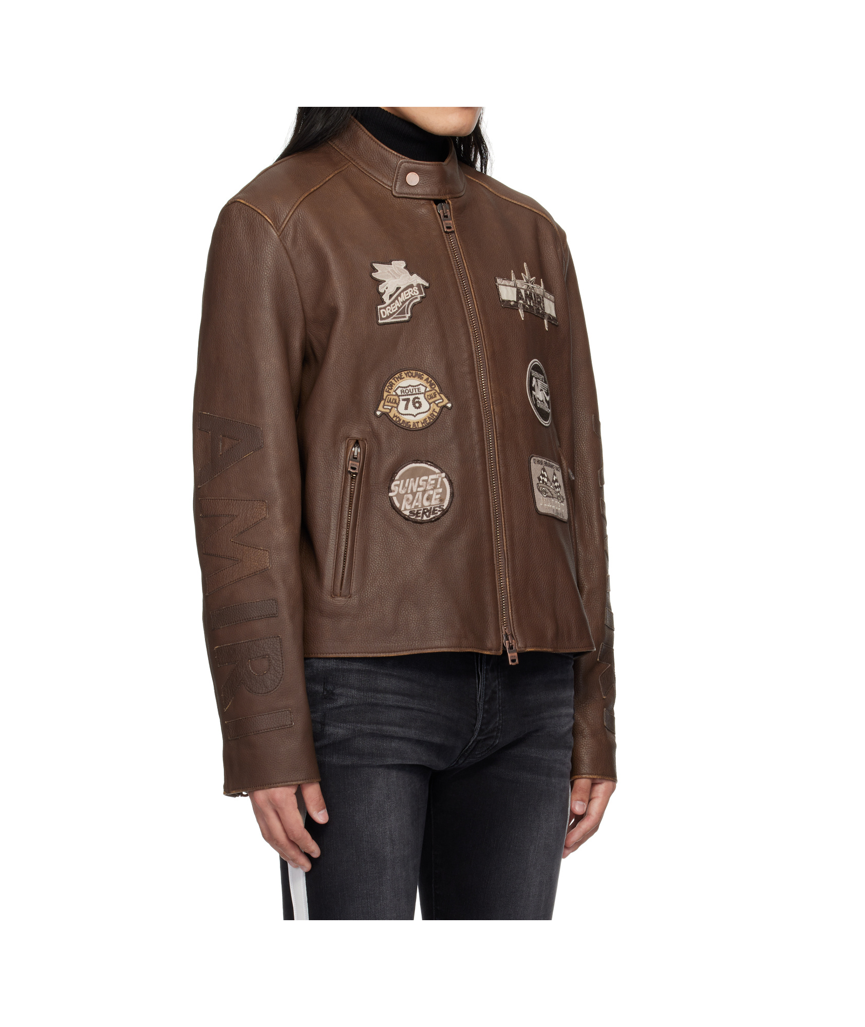 Amiri Patch Racing Leather Jacket In Brown
