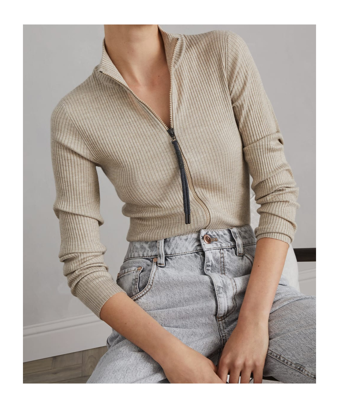 Brunello Cucinelli Cashmere-blend Zip-front Top In Nude