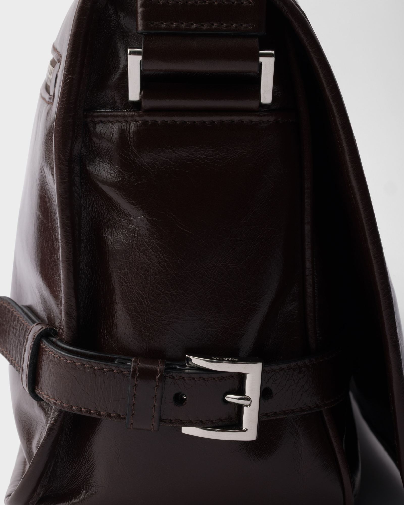 Prada Mens Grey Branded-plaque Patent-leather Shoulder Bag In Brown