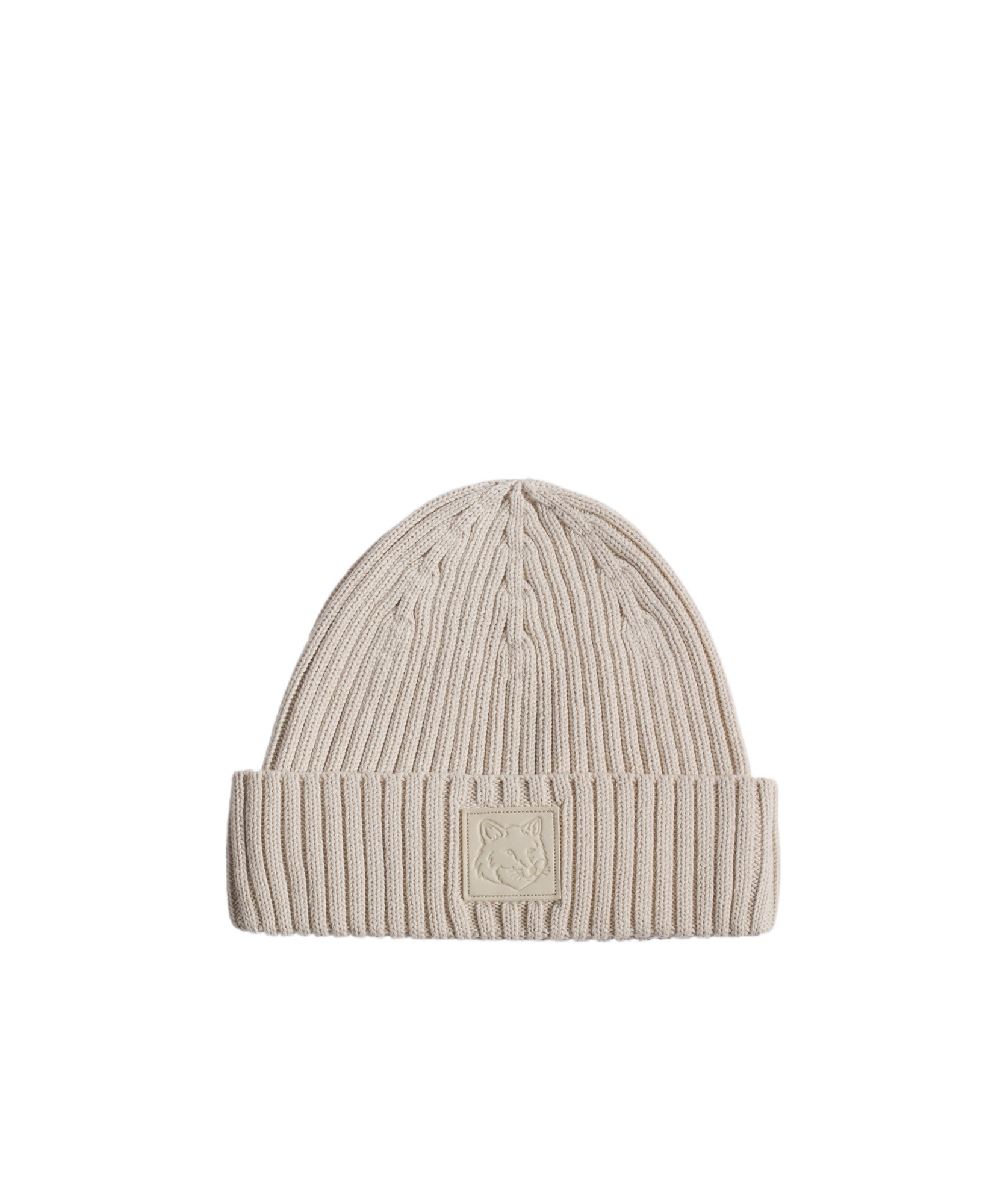 Maison Kitsuné Bold Fox Head Leather Patch Beanie In Nude