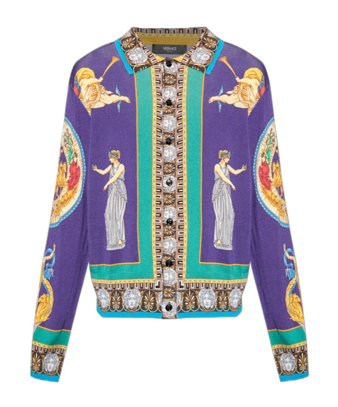 Versace Hall Of Statues Silk Cardigan In Purple