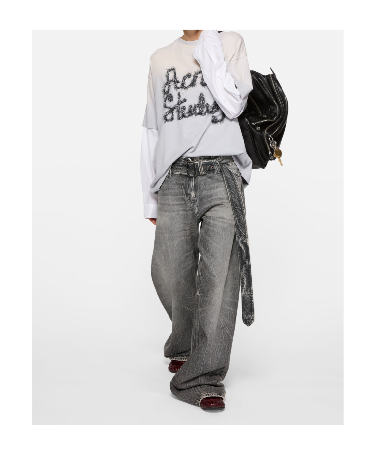 Acne Studios Womens Washed Black Belted Wide-leg Denim Jeans In Gray