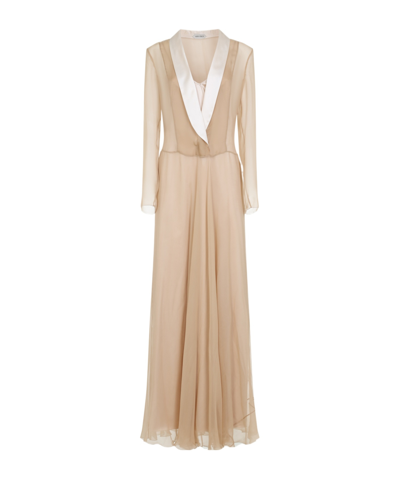 Alberta Ferretti Sheer Long Dress With V-neckline And Sleeves In Brown
