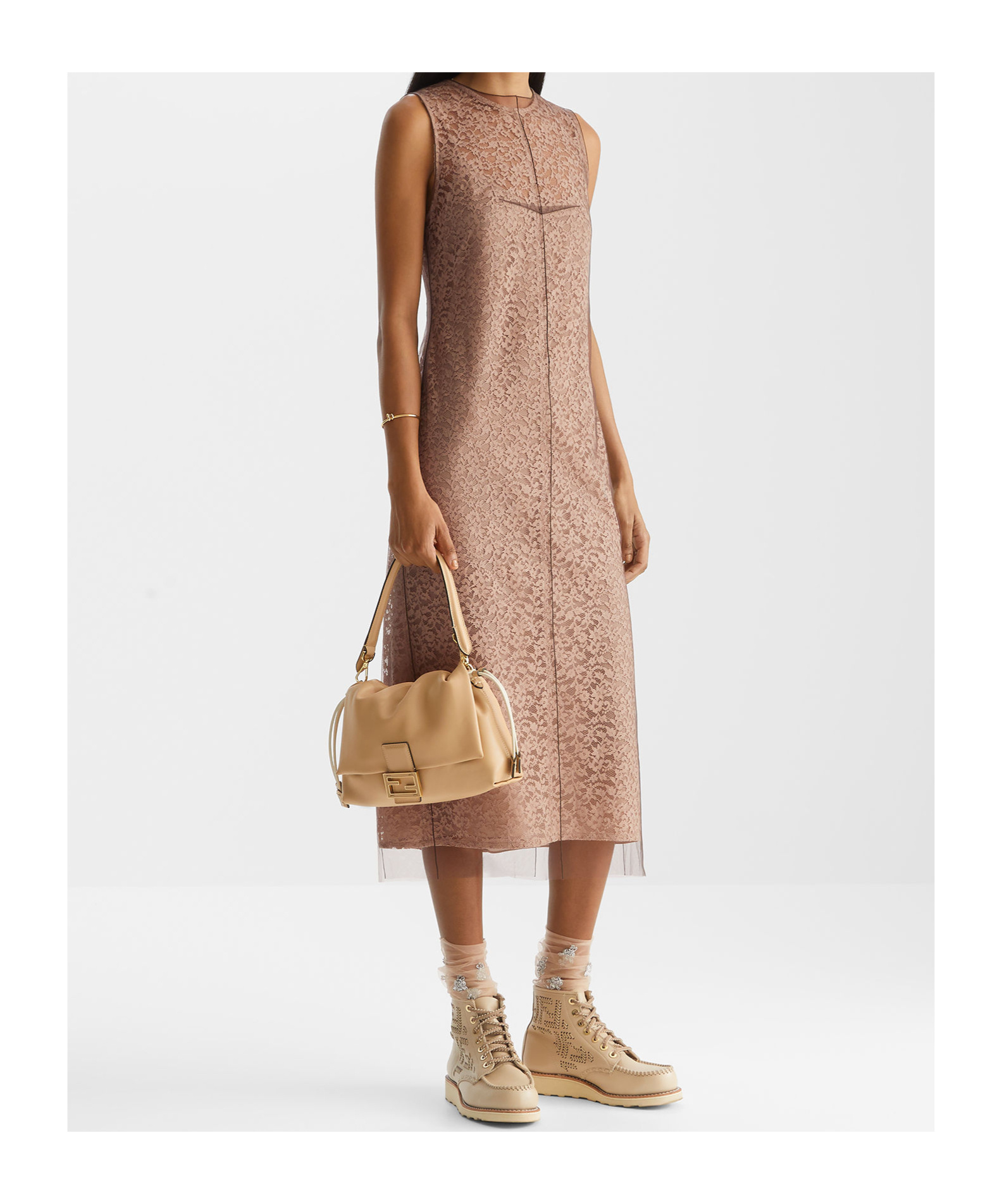 Fendi Women Beige Sleeveless Crewneck Dress With Floral Embroidery In Lace Woman In Nude