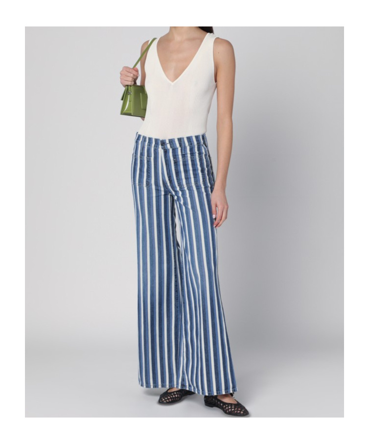 Mother Cotton Twister Sneak Jeans With Striped Pattern In Blue