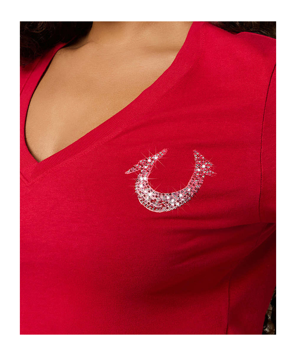 Shop True Religion Crystal Ombre Horseshoe V Neck Tee In Rio Red