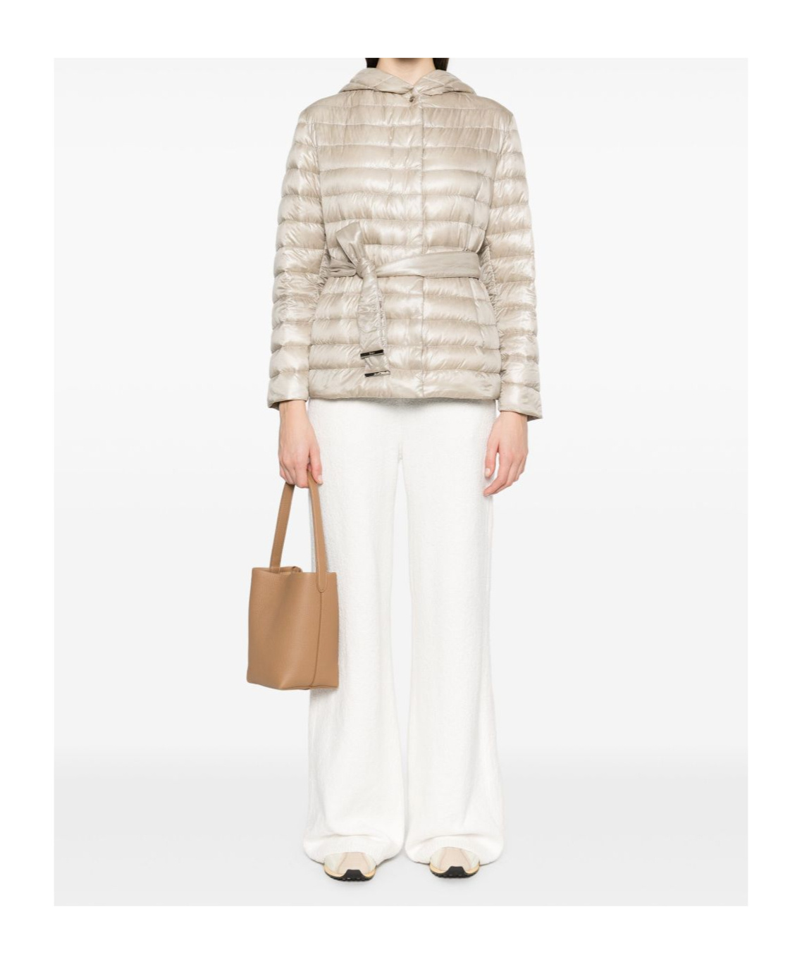Herno Hooded Belted Waist Puffer Jacket In Neutral