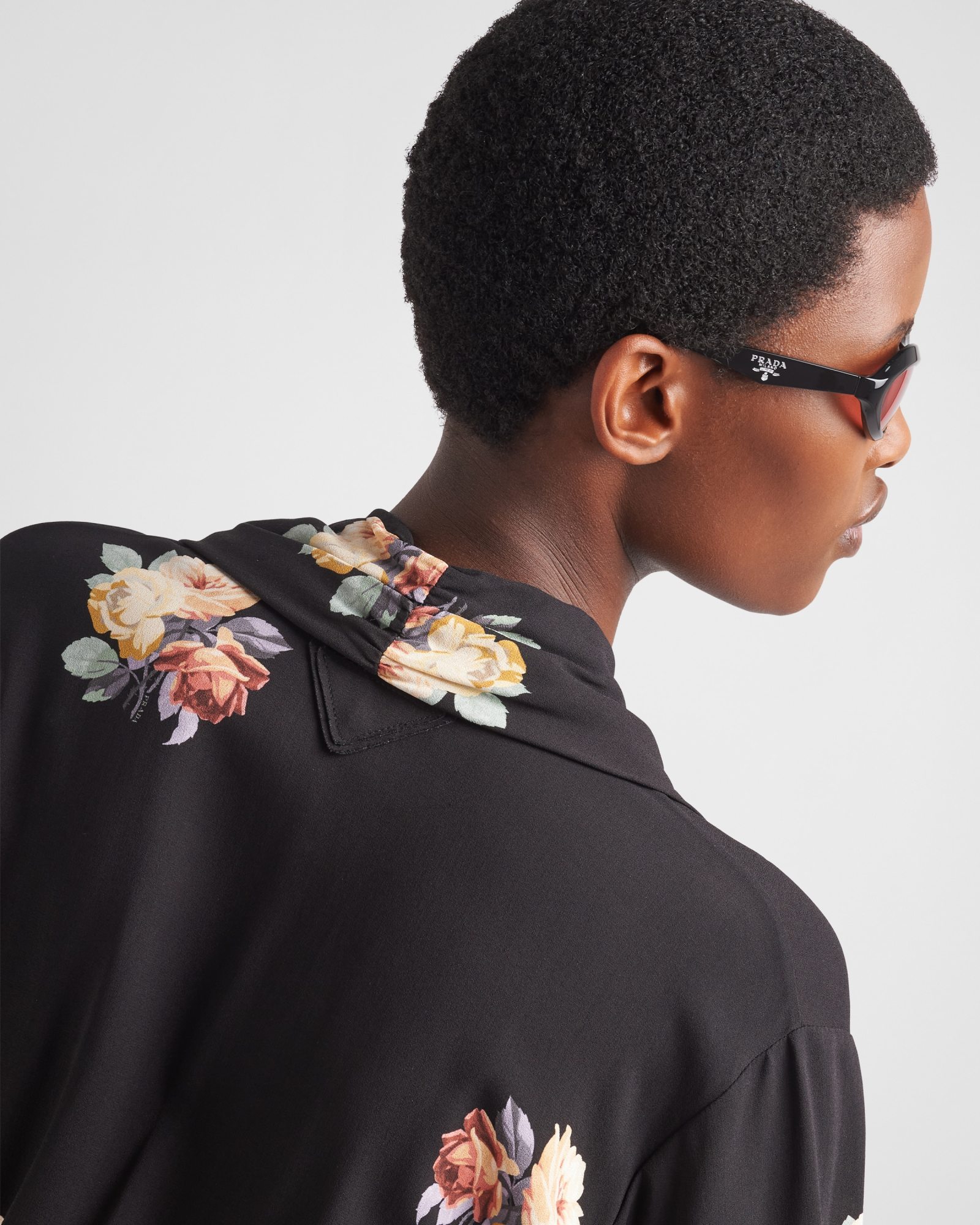 Prada Floral Cowl-neck Leather Belted Midi Dress In Black
