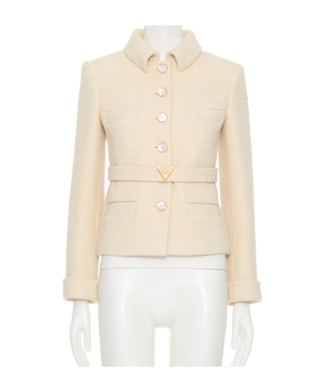 Valentino Wool Blazer With Leather Belt And V Gold Buckle In Nude