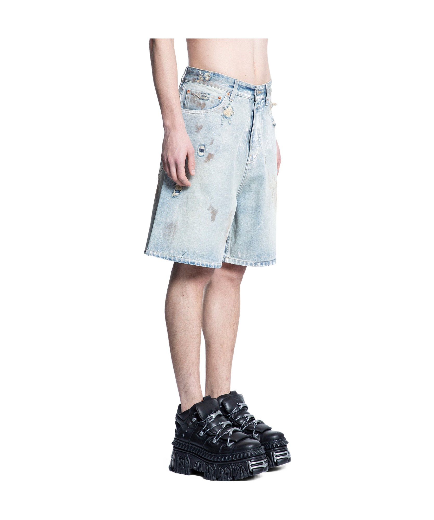 Vetements Blue Trashed Denim Shorts In White