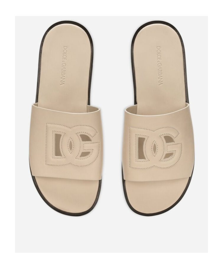 Dolce & Gabbana Dg Logo Calf Leather Slides In Nude