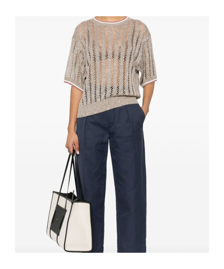 Brunello Cucinelli Crew Neck Short Sleeve Sweater In Nude