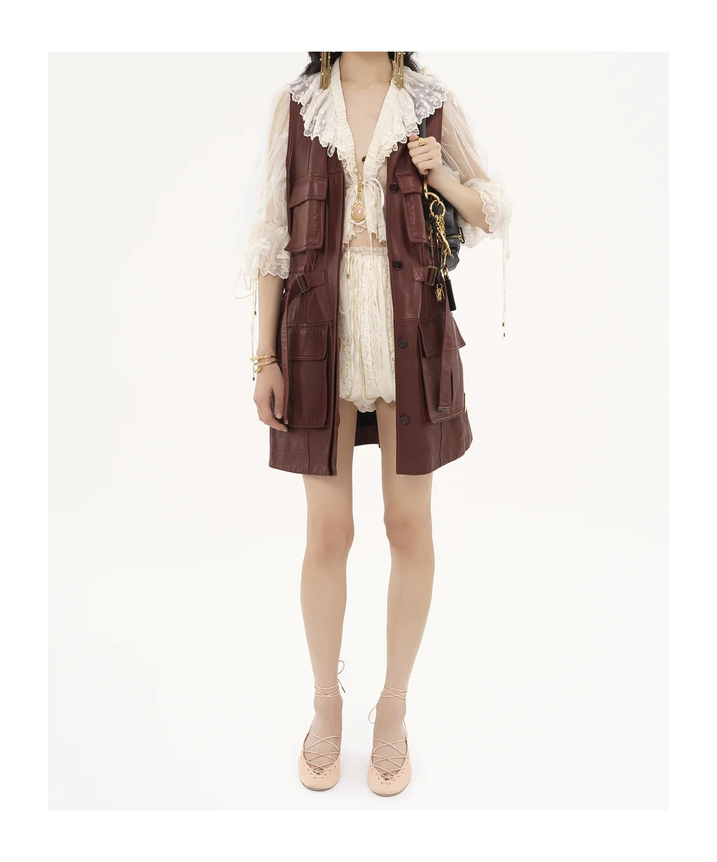 Shop Chloé Leather Utility Gilet In Faded Mahogany