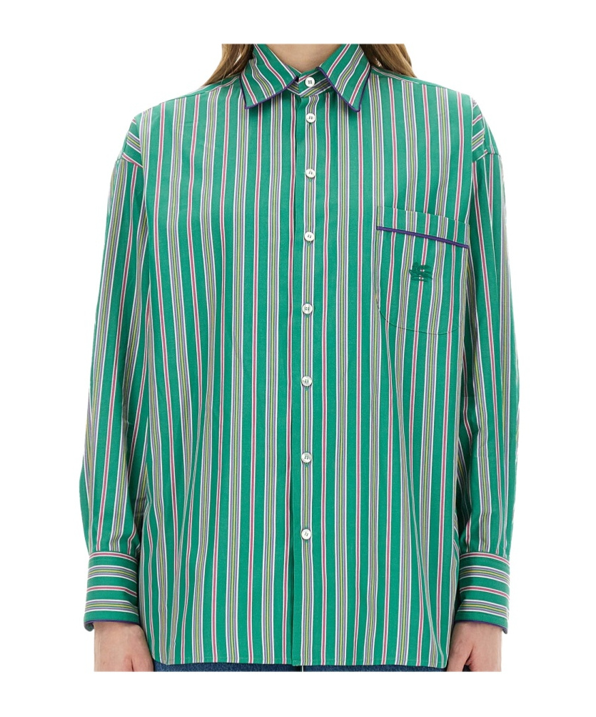 Etro Pocketed Collared Striped Long Sleeve Top In Green