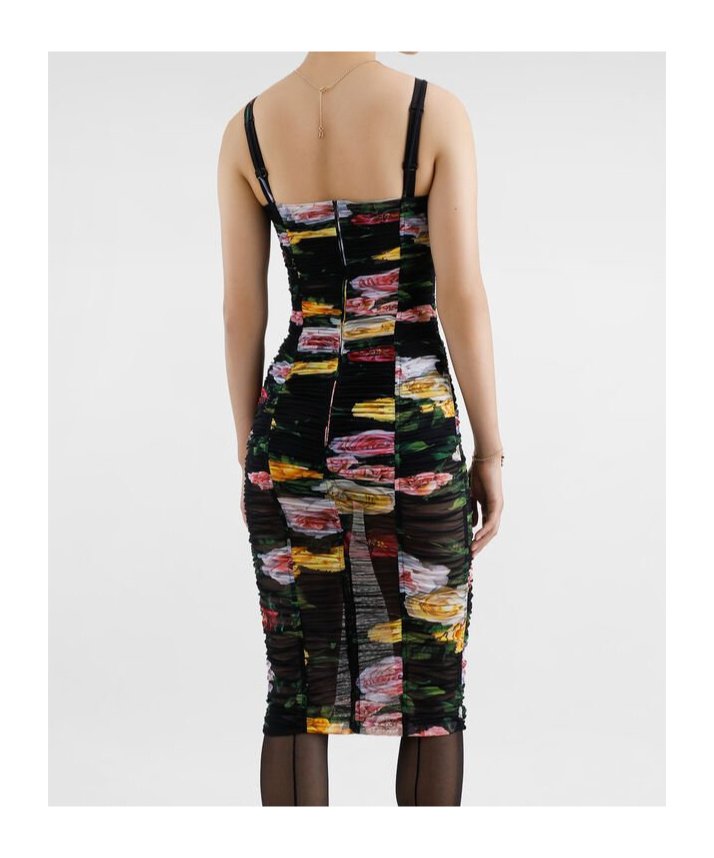 Dolce & Gabbana Paneled Ruched Floral-print Tulle Dress In Black