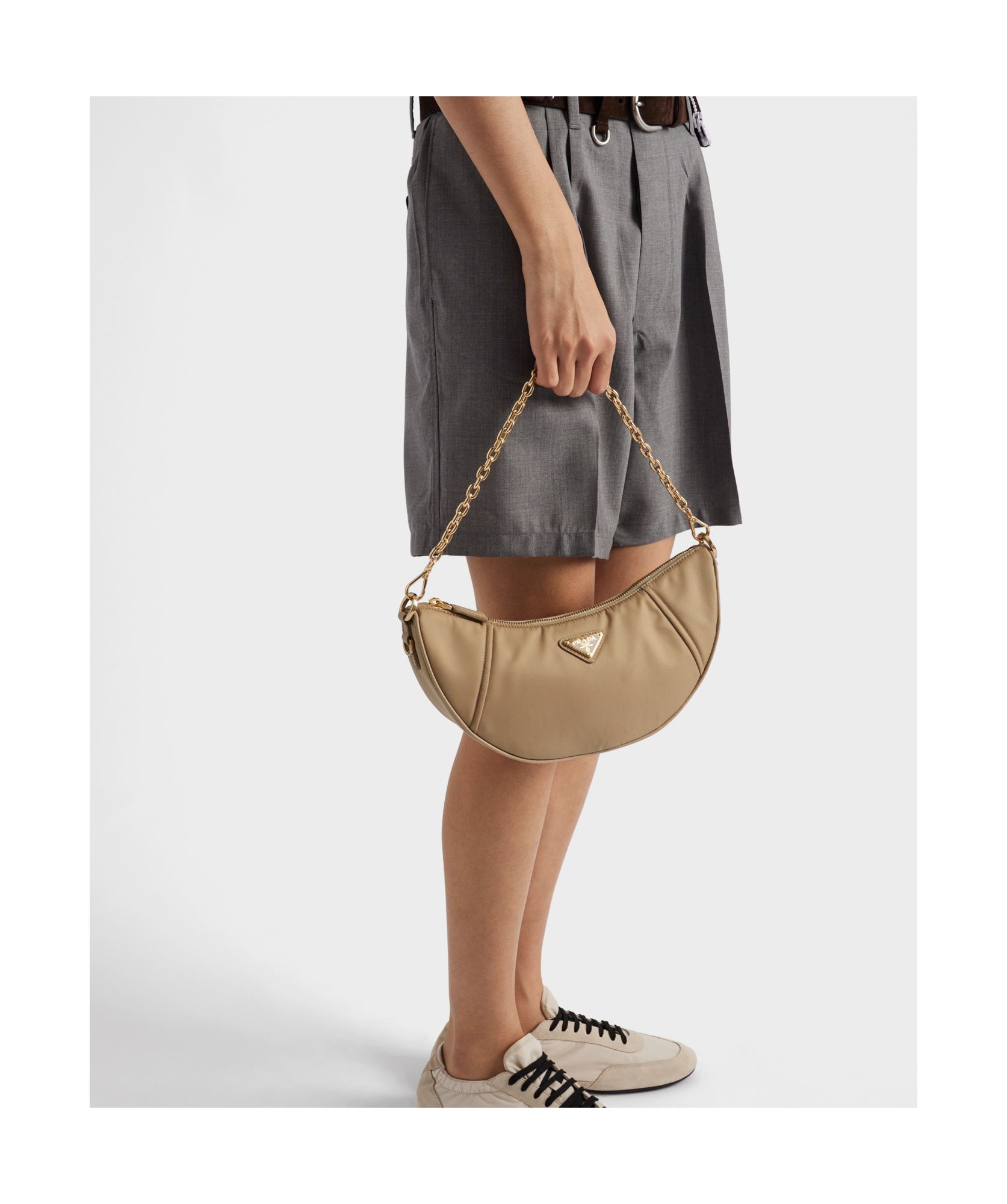 Prada Demi-lune Re-nylon Shoulder Bag In Camel Brown