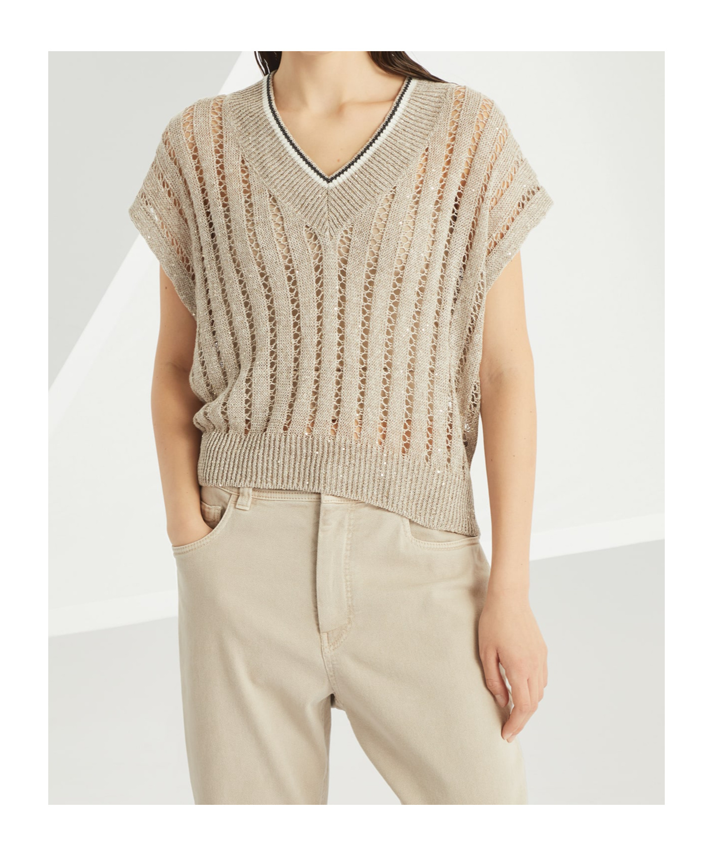 Brunello Cucinelli Women Dazzling Ribbed Net Knitted T-shirt In Linen In Nude