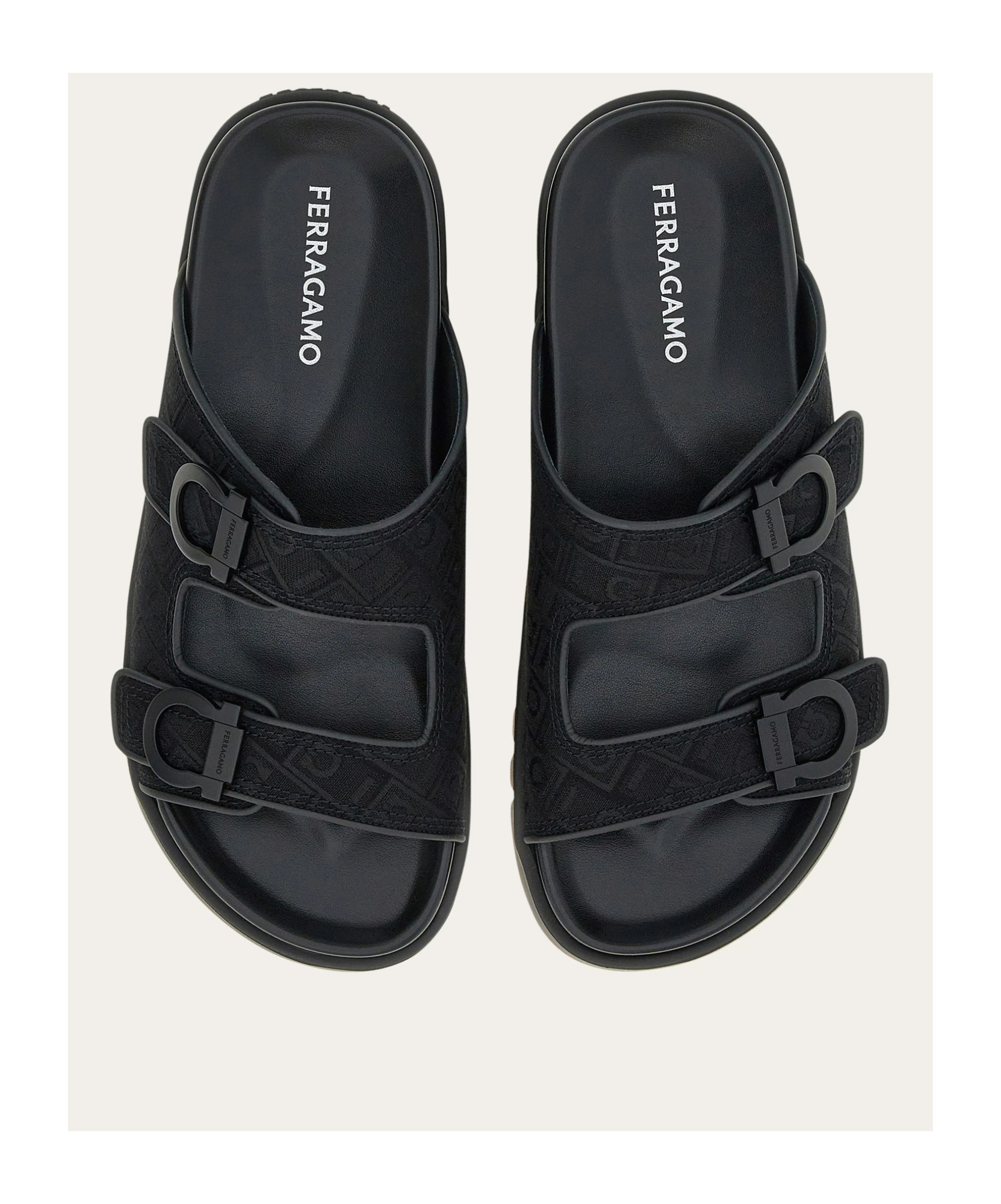 Ferragamo Logo Double Strap Slippers In Black