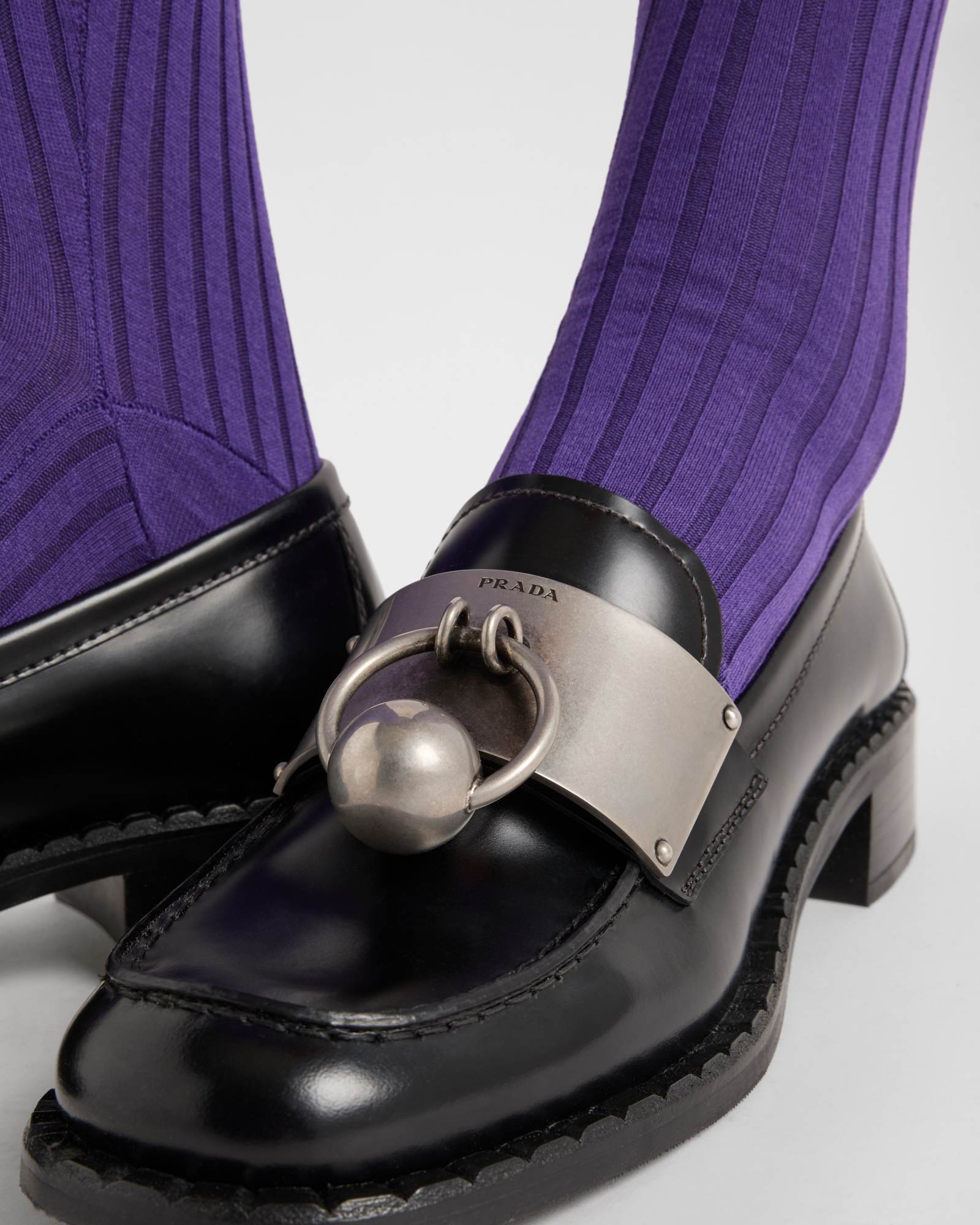 Prada Leather Loafers With Block Heel And Metallic Detail In Black