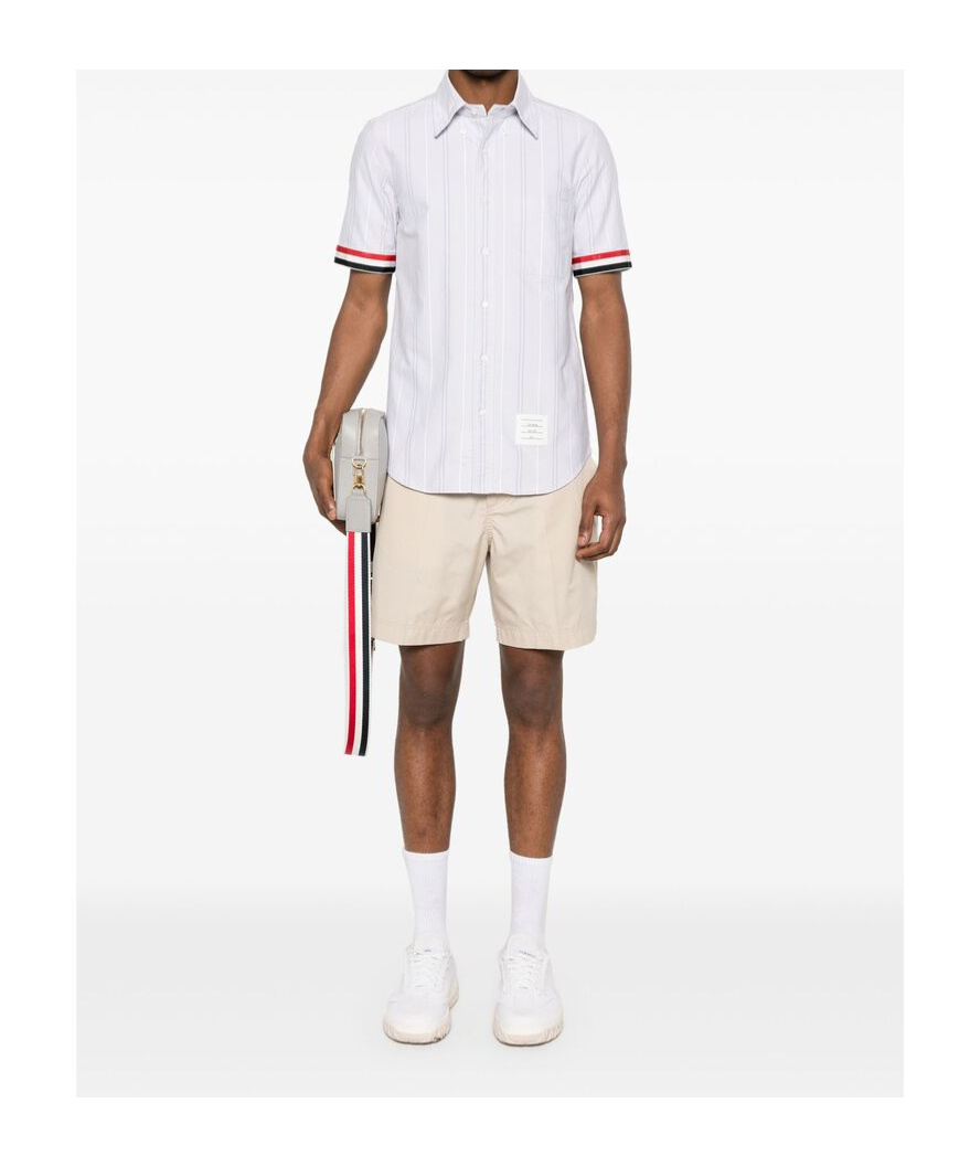Thom Browne Rwb-edge Striped Short-sleeved Shirt In White