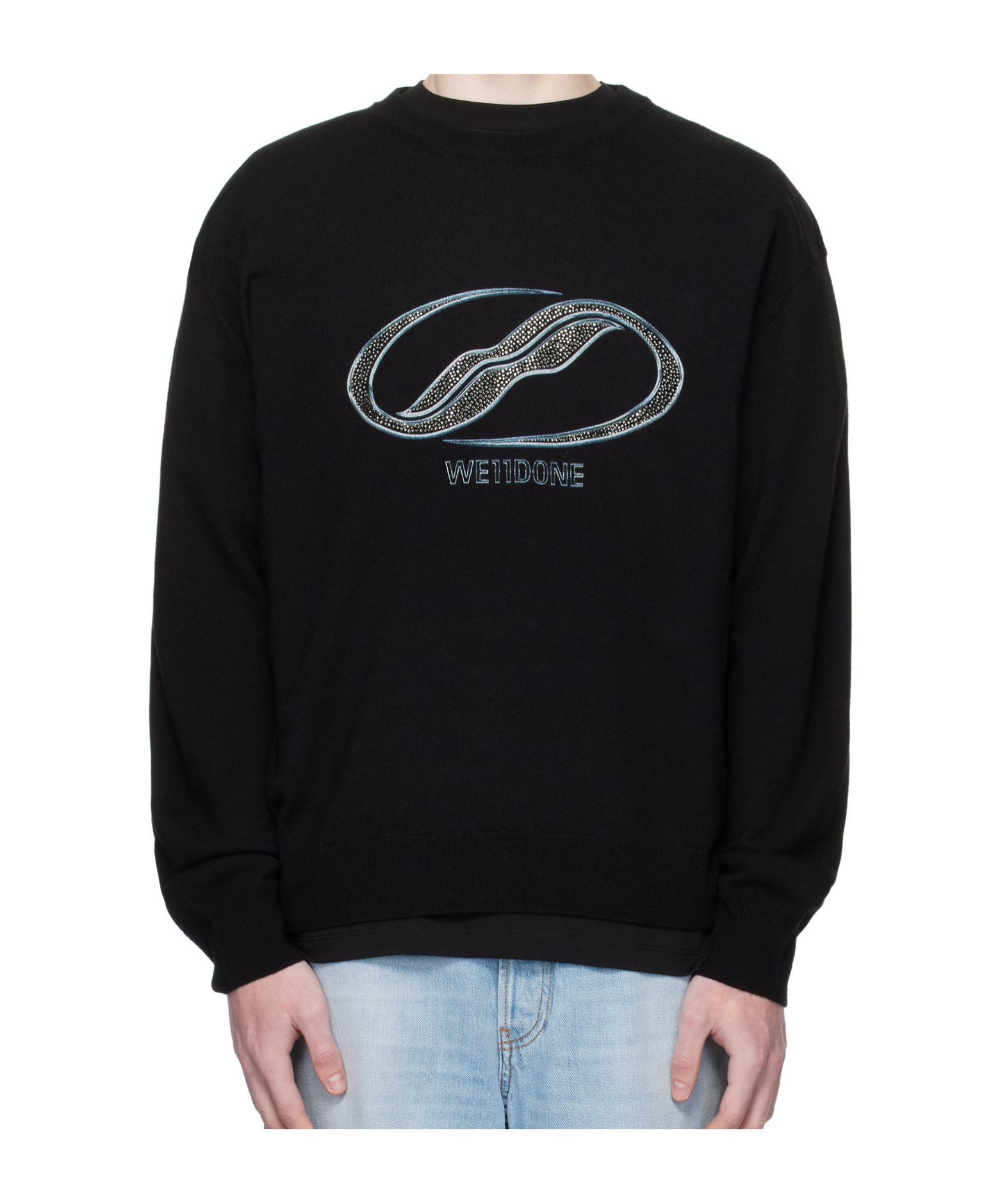 We11 Done Black Logo Rhinestone Knit Pullover Sweater In Black