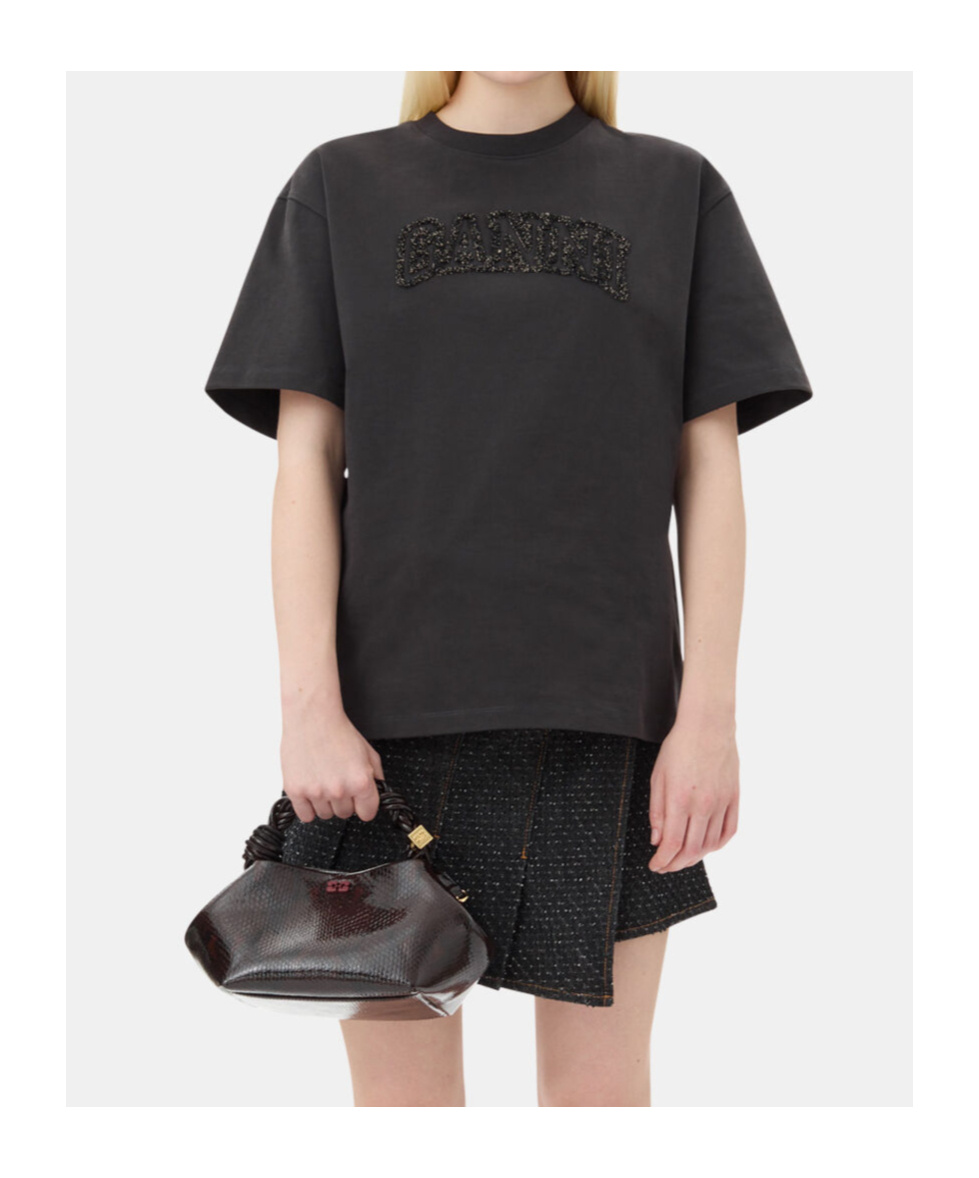 Ganni T-shirt With Logo In Lurex Thread In Black
