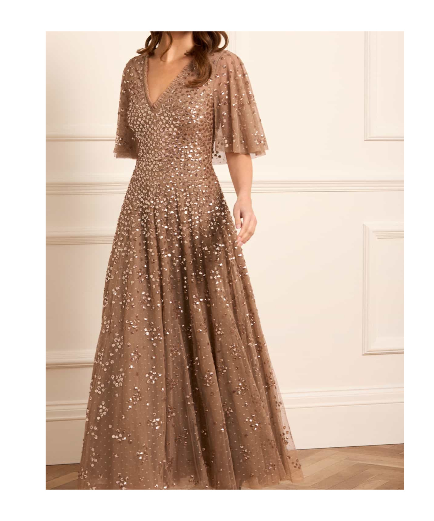 Needle & Thread Leila Dot V-neck Cape Ankle Gown In Brown