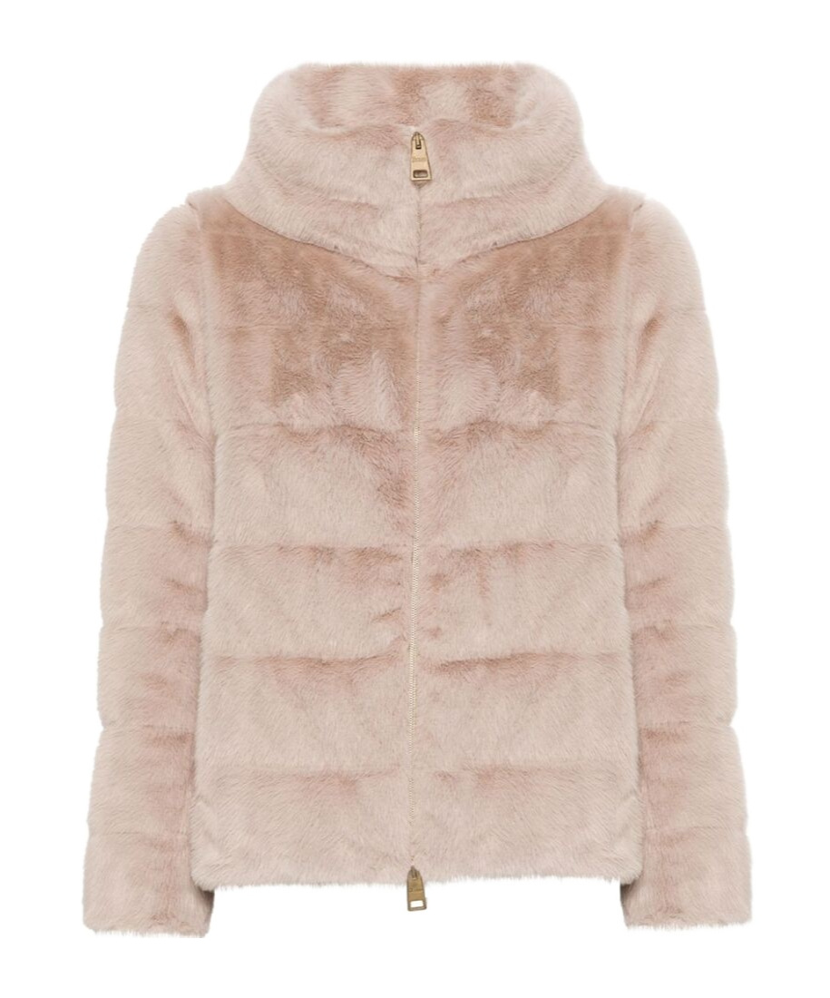 Herno Faux Fur Down Jacket With High Collar In Nude