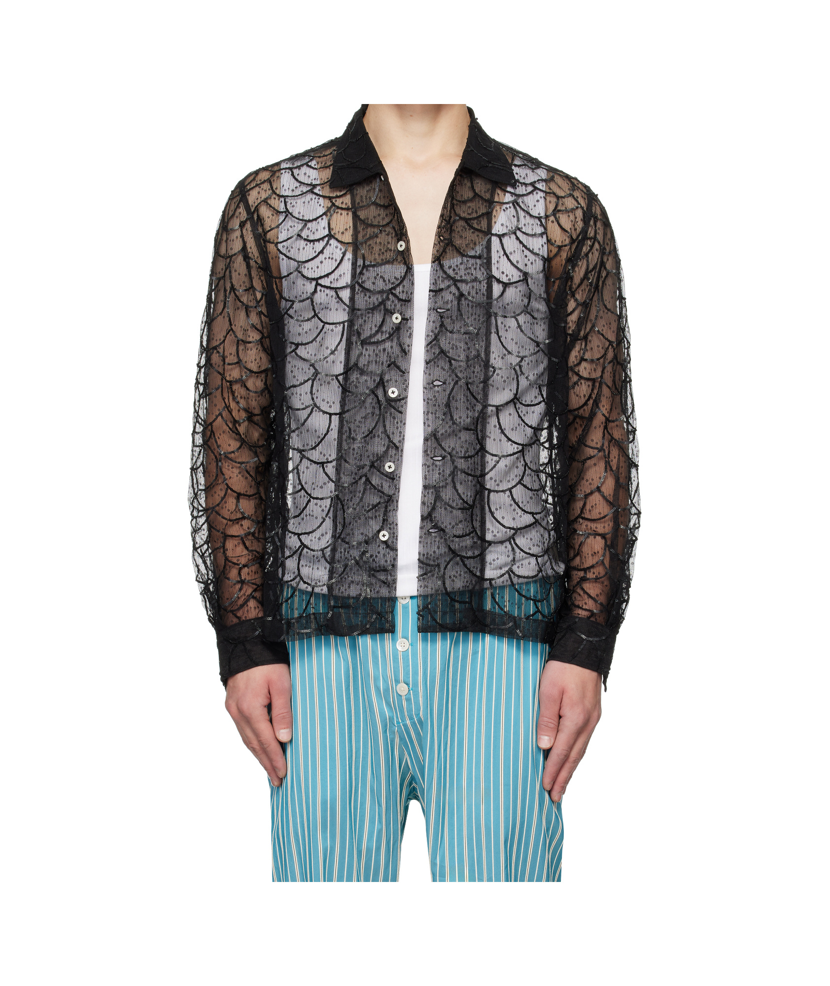 Bode Pewter Shoal Sequined Mesh Shirt In Gray
