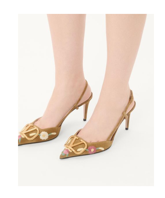 Valentino Garavani Vlogo Signature Slingback Pump In Crust Leather With Floral Embroidery 80mm Woman In Brown